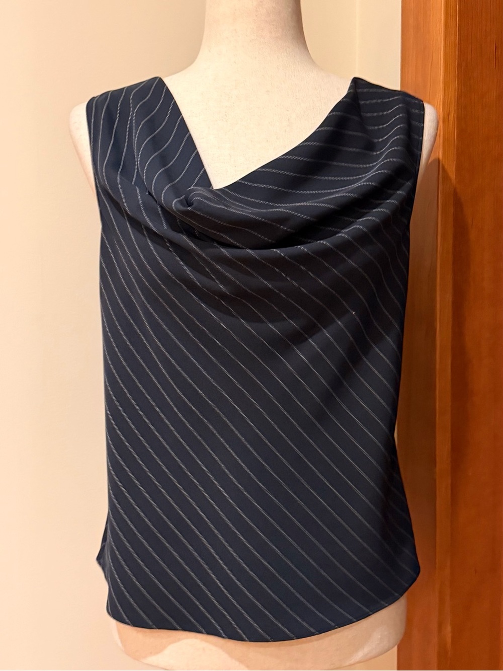 Brooks Brothers Navy Pinstripe Cowl Neck Sleeveless Top